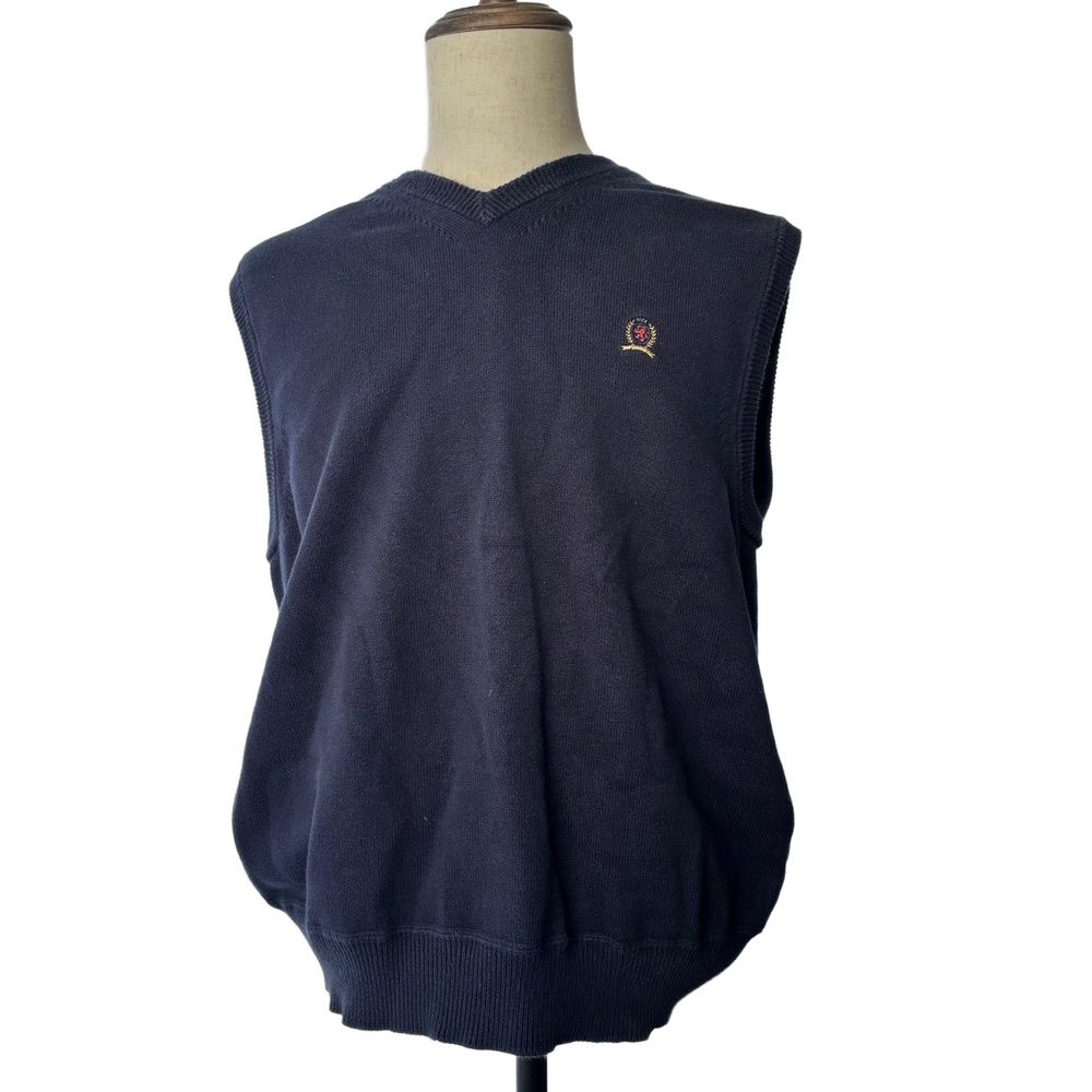 Tommy Hilfiger Sweater Vest Mens Size XL Navy VNeck Sleeveless Embroidered Prepp